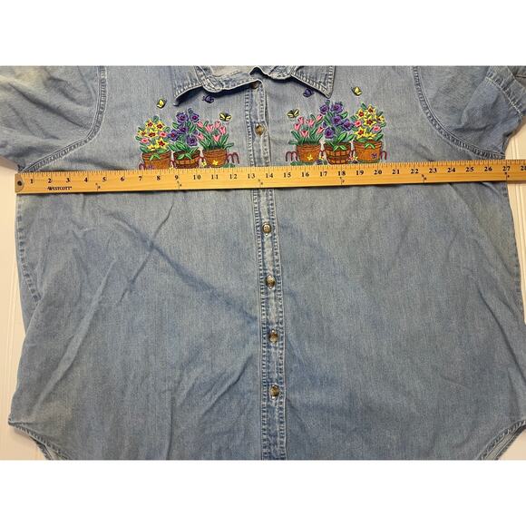 Just My Size Denim Flowers Plants Floral Embroidered Button Down Top Size 22/24 - Picture 5 of 8